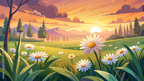 Beautiful The landscape of white daisy blooms in a field, with the focus on the setting sun. The grassy meadow is blurred, creating a warm golden hour effect during sunset and sunrise 