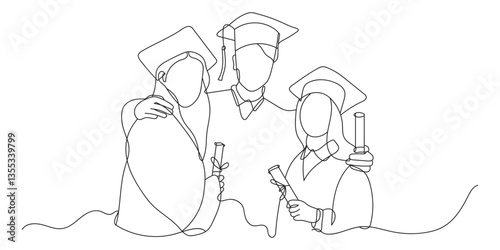 Continuous line drawing of students graduating and celebrating graduation. Hand drawn single line illustration