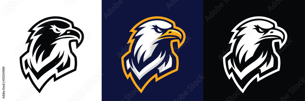 Obraz premium A strong and detailed eagle head logo in three color variations: black & white, navy & gold, and black background. Perfect for sports teams, branding, and mascots