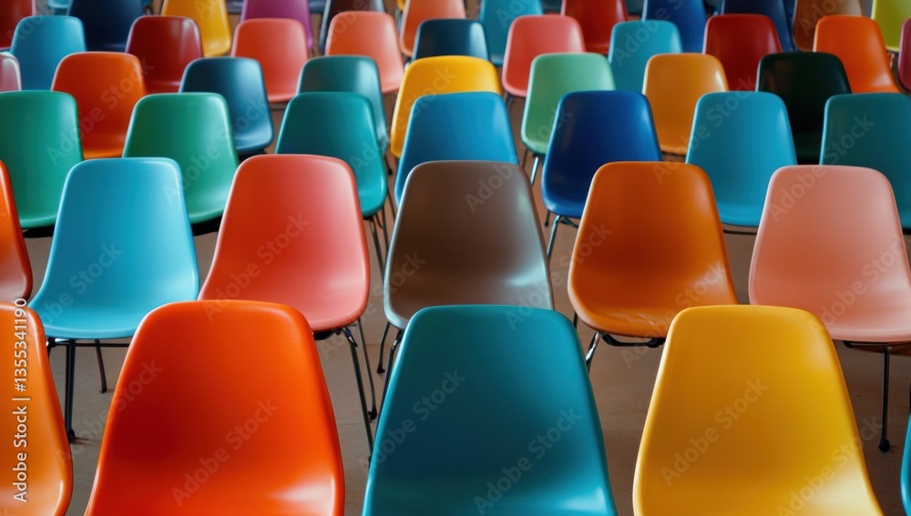 Naklejka premium A vibrant spectrum of modern chairs arranged in ordered rows and columns