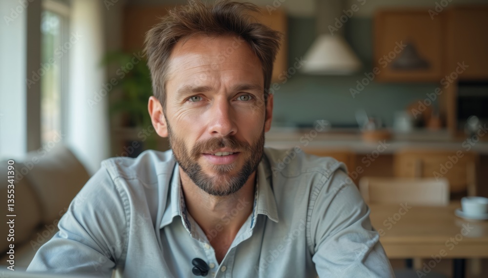 Confident businessman executive coach, mature man with beard in casual clothes, video conference call, virtual meeting, remote working from home. Smiling guy uses laptop computer, looks at camera. Confident businessman executive coach, mature man with beard in casual clothes, video conference call, virtual meeting, remote working from home. Smiling guy uses laptop computer, looks at camera.