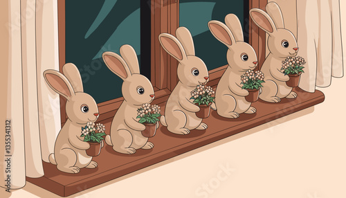 Illustration of cute rabbit figurines holding flower pots on a windowsill with curtains