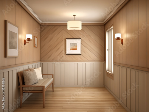 Modern hallway interior with wood panelling  natural colors and natural wood geometric accent and artwork on the wall. Wood panels in hallway. Modern entryway interior