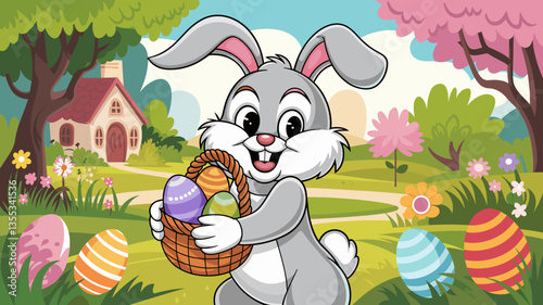 Vector illustration of a playful gray bunny holding a basket of colorful Easter eggs in a sunny garden