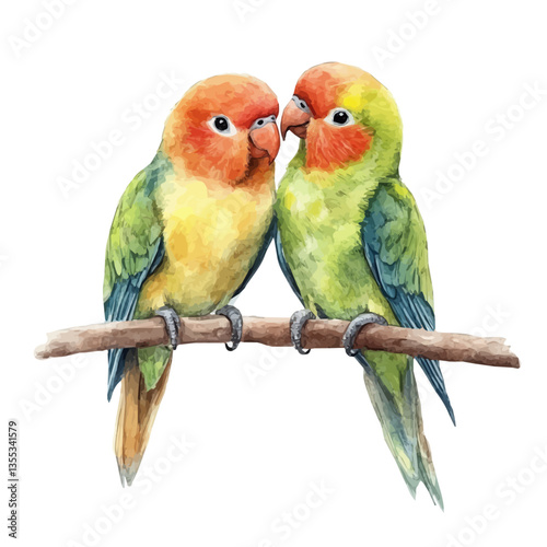 watercolor of Lovebirds On A Branch, isolated on a white background.