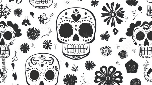 Day of the Dead Sugar Skull Floral Seamless Pattern.