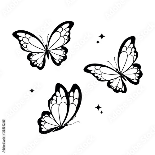 A black-and-white vector illustration of three elegant butterflies with delicate wings and decorative elements. Perfect for tattoos, logos, prints, and minimalist designs.