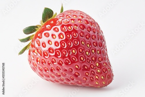 Juicy strawberry showcases vibrant red color and fresh green lea
