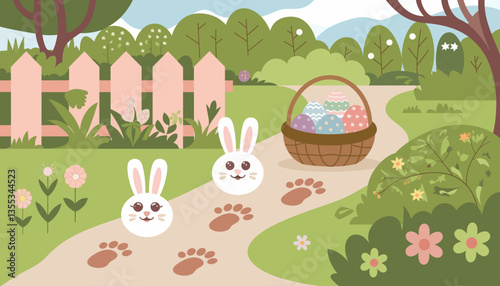 Whimsical Easter scene featuring playful bunnies and a basket of decorated eggs in a cheerful garden setting