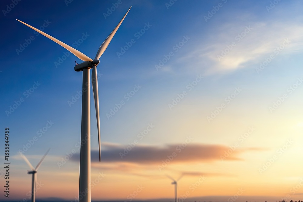 Fototapeta premium Wind turbines stand tall against vibrant sunset, showcasing rene