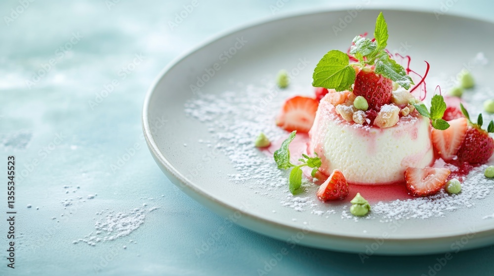 Delicate panna cotta topped with fresh strawberries and mint, vi Delicate panna cotta topped with fresh strawberries and mint, vi