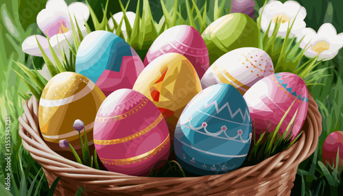 Close-up illustration of colorful painted Easter eggs in a woven basket nestled in green grass with flowers