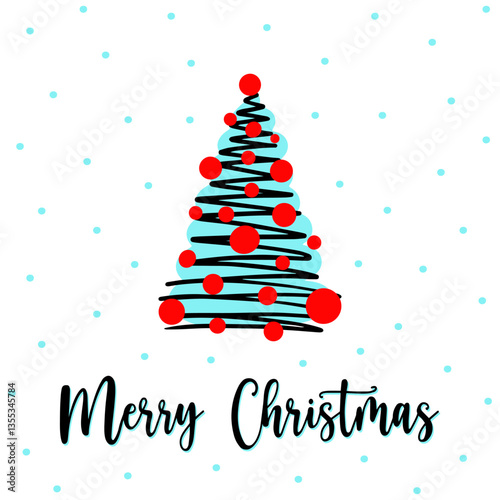 Christmas postcard with modern Christmas tree in doodle style. Hand drawn abstract tree with red balls, black zigzag garland. Concept festive winter holiday postcard for greeting or gift. Postcard