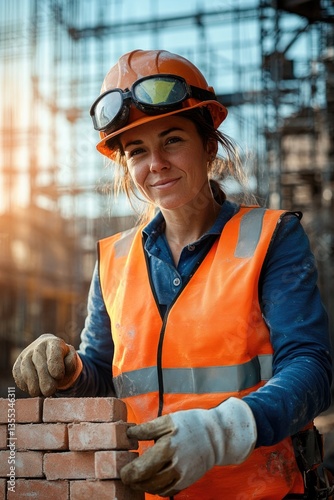 Confident woman in safety gear constructs with bricks at constru