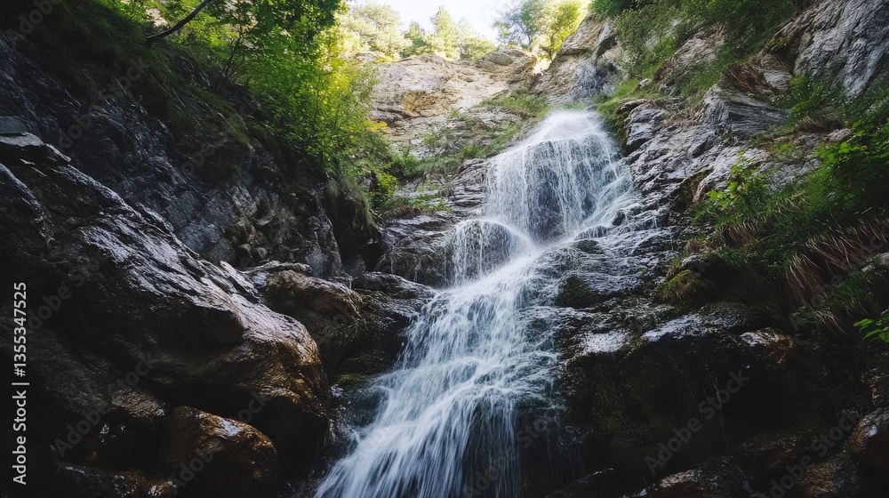 Fototapeta premium A beautiful waterfall cascades down the rocky mountain side