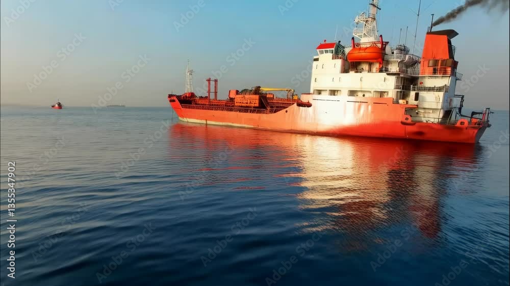 A large red ship is sailing in the ocean. The sky is blue and the water is calm