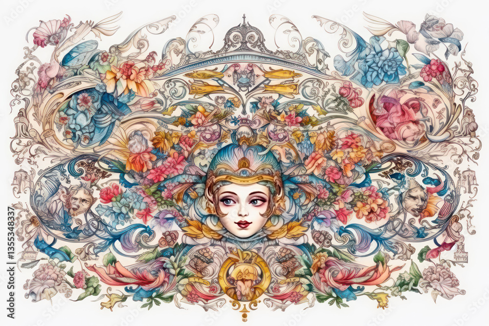 Obraz premium complex and colorful ornament made in the Art Nouveau style. In the center of the composition is a woman’s face with an expression of calm and grandeur, 