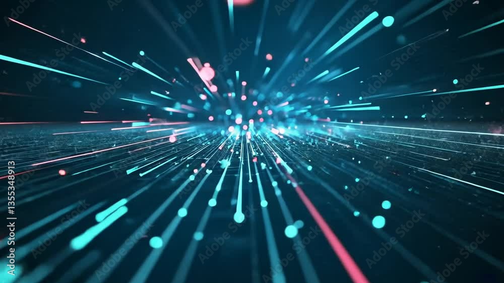 Futuristic digital data stream with glowing light trails and abstract particle flow