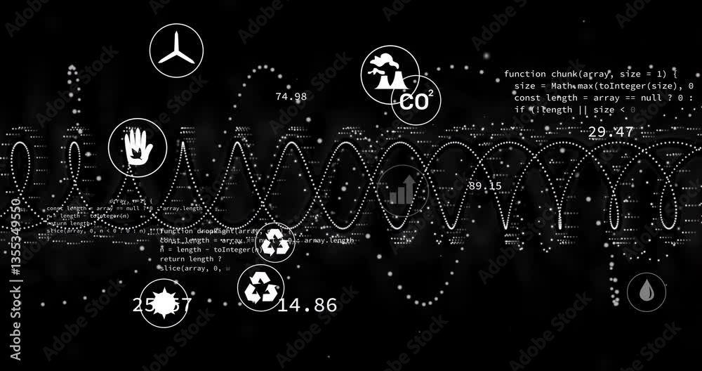 Recycling symbols and mathematical equations in animation over black background Recycling symbols and mathematical equations in animation over black background