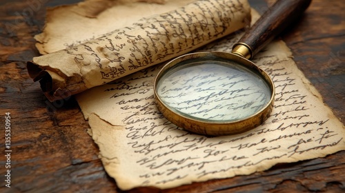 Deciphering History Antique Scroll with Magnifying Glass on Wooden Table.