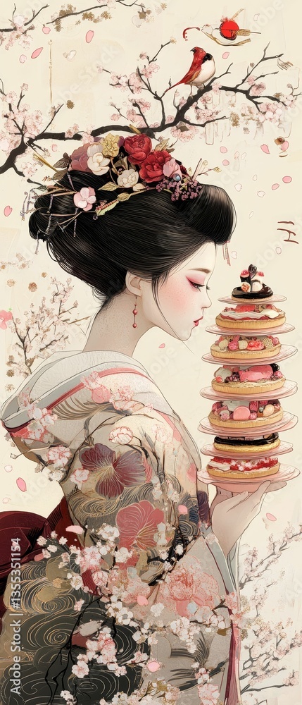 Obraz premium Geisha holding a tower of decorated donuts
