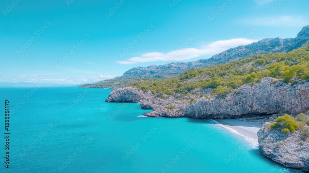 Fototapeta premium Pristine coastal scenery. Turquoise waters meet dramatic cliffs and lush greenery. A secluded beach is nestled within the rocky coastline