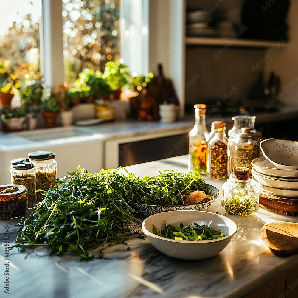 custom made wallpaper toronto digitalArugula scattered across marble kitchen island with other fresh ingredients under golden hour light, warm hues, crisp focus, and lively, energetic culinary atmosphere.
