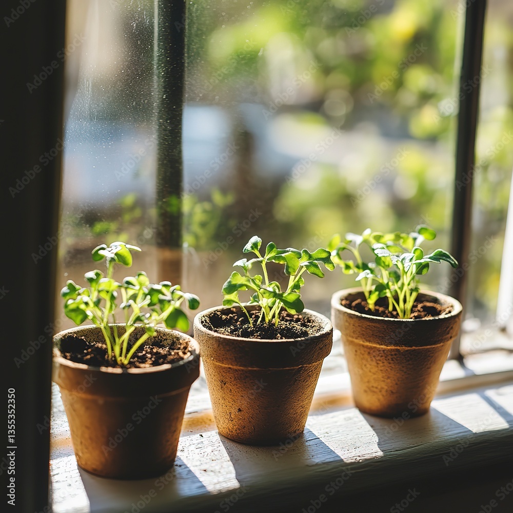 custom made wallpaper toronto digitalArugula seeds sprouting in small pots on windowsill under soft morning light, neutral tones, organic textures, close-up details, and serene gardening theme.