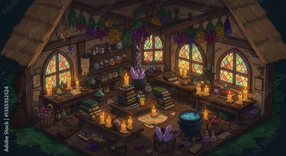 Obraz premium Isometric View of a Cottage Interior Featuring Magic and Ritual Items
