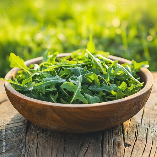 Wallpaper Mural Arugula served in rustic salad bowl on wooden table during golden hour with vibrant colors, close-up details, soft reflections, and an inviting, relaxed mood. Torontodigital.ca