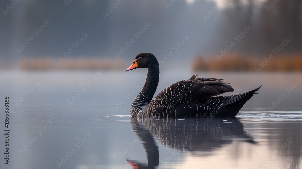 Fototapeta premium Black swan swims on misty lake at sunrise