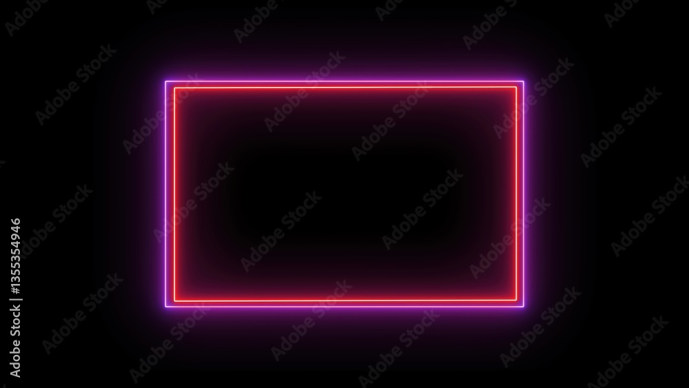 A glowing neon rectangular frame with vibrant pink and purple edges against a black background. A glowing neon rectangular frame with vibrant pink and purple edges against a black background.