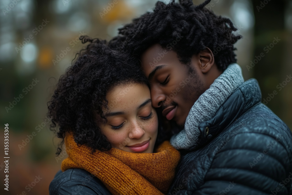 Joyful couple sharing a warm embrace under autumn leaves in the park Joyful couple sharing a warm embrace under autumn leaves in the park