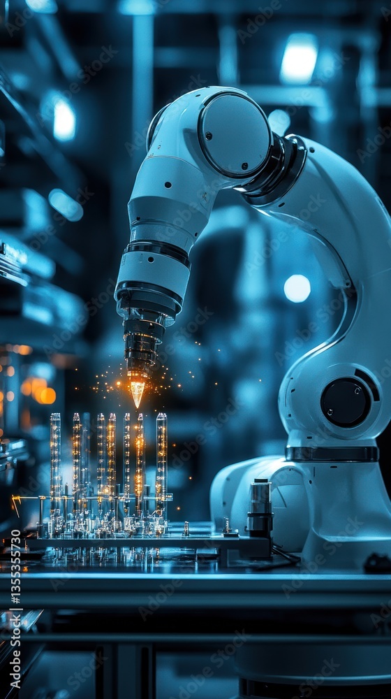 Fototapeta premium Automated robotic arm welding in a factory