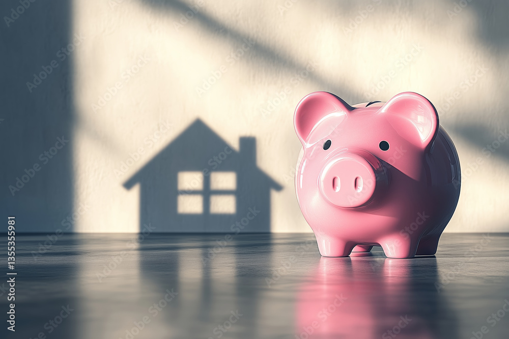 Fototapeta premium Classic pink piggy bank casting a house-shaped shadow on wooden floor