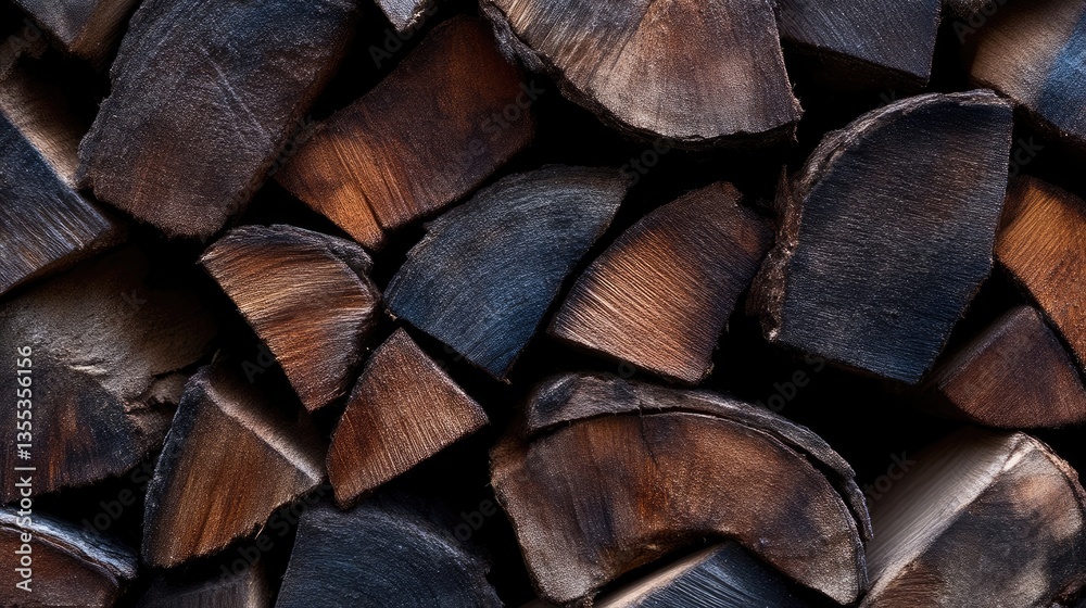 Fototapeta premium Stacked firewood. Close-up view of neatly stacked wood pieces, various shades of brown and dark gray. Natural textures and patterns are evident on the wood