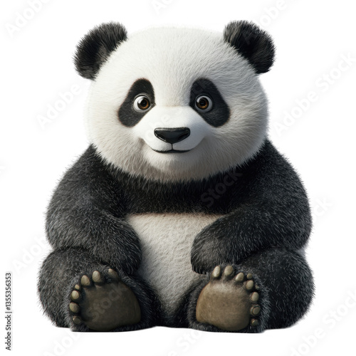 Cute panda bear sitting and smiling on white background