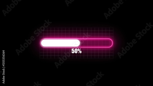 A digital progress bar displaying 50% completion, with a glowing pink outline against a black background and a grid pattern.