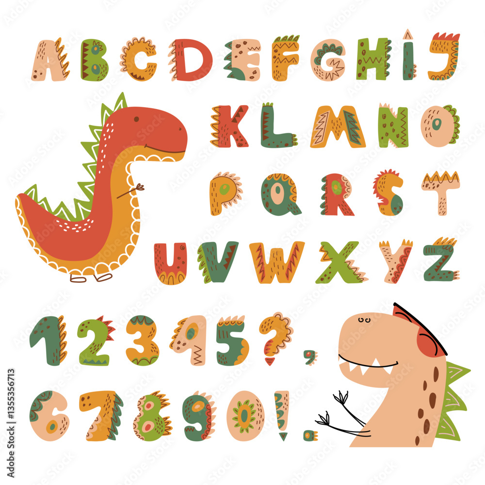 Dino alphabet and numbers set in hand-drawn style. Perfect for kids, posters, and creative projects Dino alphabet and numbers set in hand-drawn style. Perfect for kids, posters, and creative projects