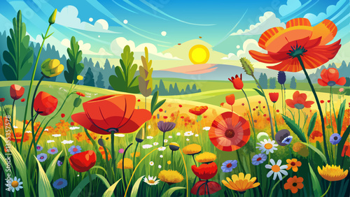 Beautiful Poppies and other summer wild flowers field in sunlight