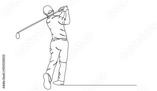 Man Playing Golf Oneline Continuous Single Line Art Editable Line. Single continuous line drawing of young happy golf player swing the golf club.