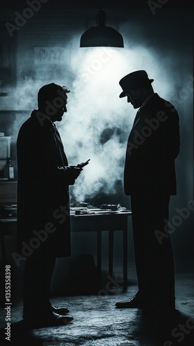 Darkroom confrontation, men in suits, secret deal, smoke haze background