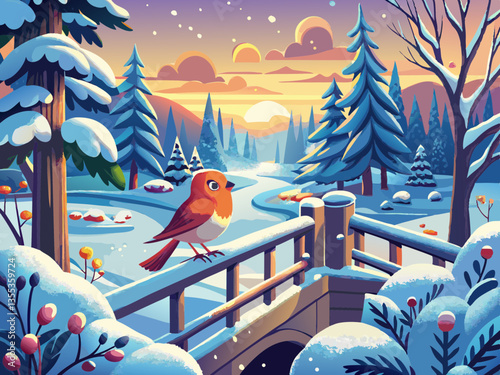 vector of  A little bird alights on a snow-covered railing, in a picturesque winter scene