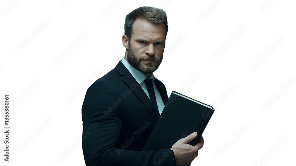Professional Man in a Suit Holding a Folder Against a Dark Background Professional Man in a Suit Holding a Folder Against a Dark Background