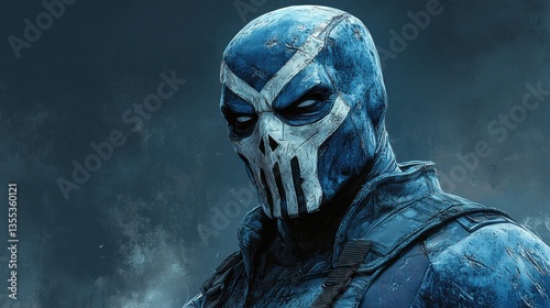 Blue masked vigilante in smoky battlefield, ready for action
