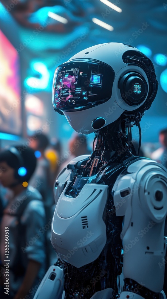 Futuristic robot in exhibition hall, displaying advanced technology Futuristic robot in exhibition hall, displaying advanced technology