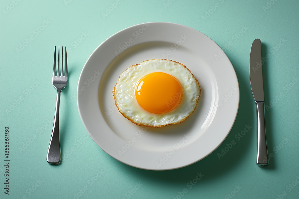 Fried egg served on a minimalist plate set against a pastel blue backdrop at breakfast time Fried egg served on a minimalist plate set against a pastel blue backdrop at breakfast time