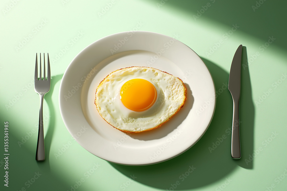 Brightly plated fried egg on a minimalist table, capturing the essence of simplicity in morning cuisine Brightly plated fried egg on a minimalist table, capturing the essence of simplicity in morning cuisine