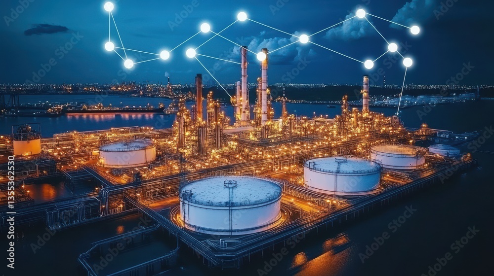 Fototapeta premium Smart Refinery at Night Connected Industrial Landscape.