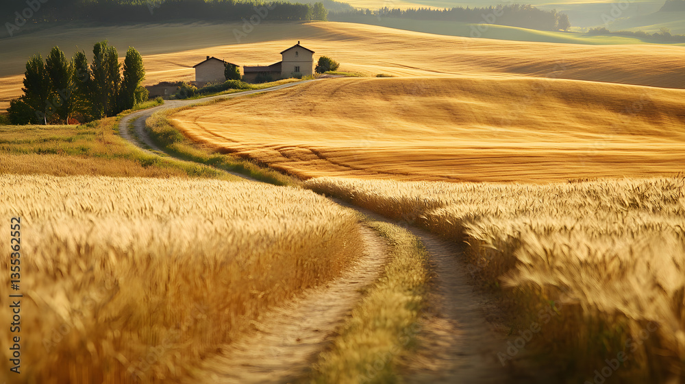 Fototapeta premium A small country house visible in the distance, framed by a path through golden wheat fields.